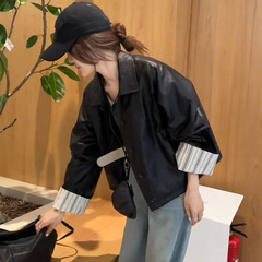 欧洲站设计感袖口撞色拼接翻领皮衣外套女2025春季新款夹克上衣新