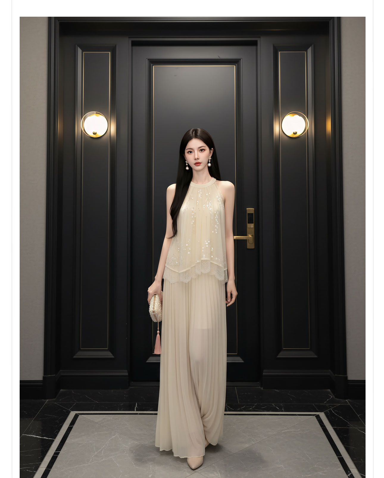 Áo croptop nữ tay ngắn cổ yếm xếp ly đính sequin phối bộ — bộ đồ, nửa váy, Gạo trắng Top chi tiết 10