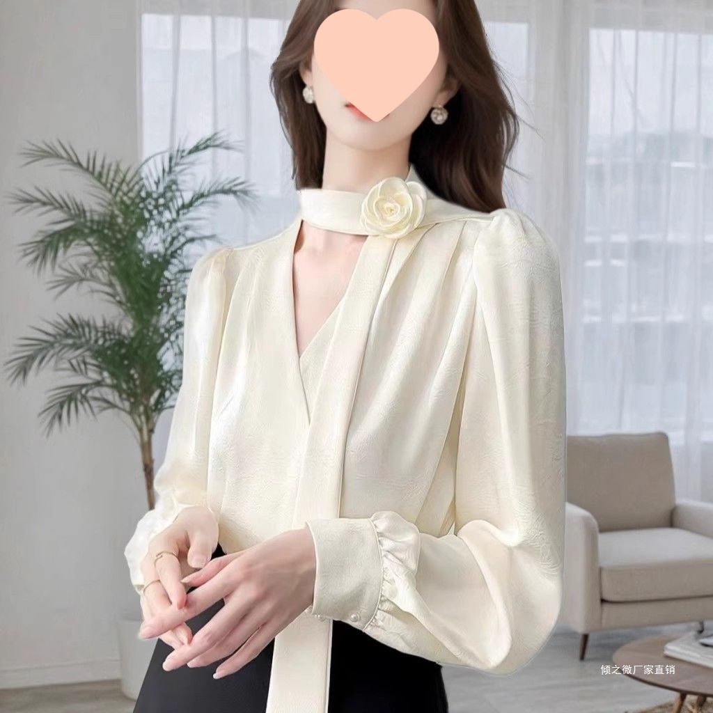 法式感玫瑰花飘带长袖衬衫女装春秋设计感超好看漂亮气质上衣