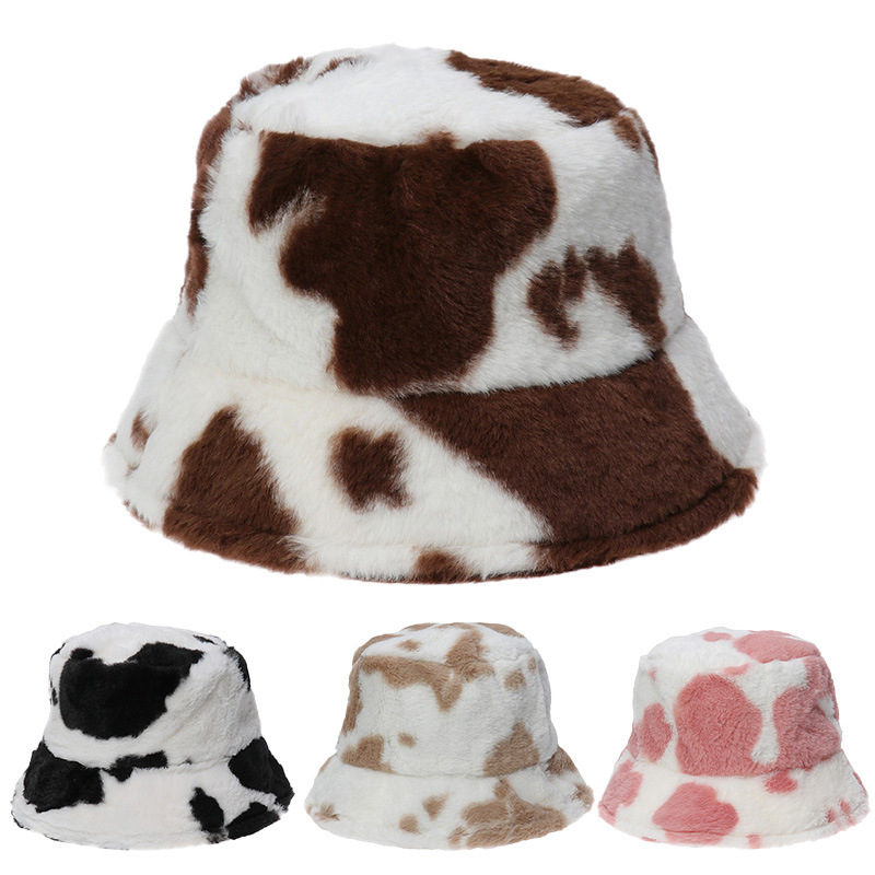Japanese-style, unique cow-print plush bucket hat for women, Korean version, popular on Instagram, trendy and fashionable for autumn and winter