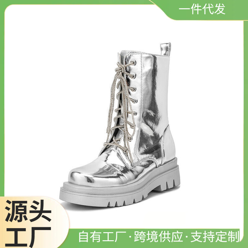 Side Zipper Martin Boots, Mid-Calf, Silver Metal with Rhinestones, European and American Style, Adult Fashion Boots, Custom-Made, Microfiber Decoration, High Heels