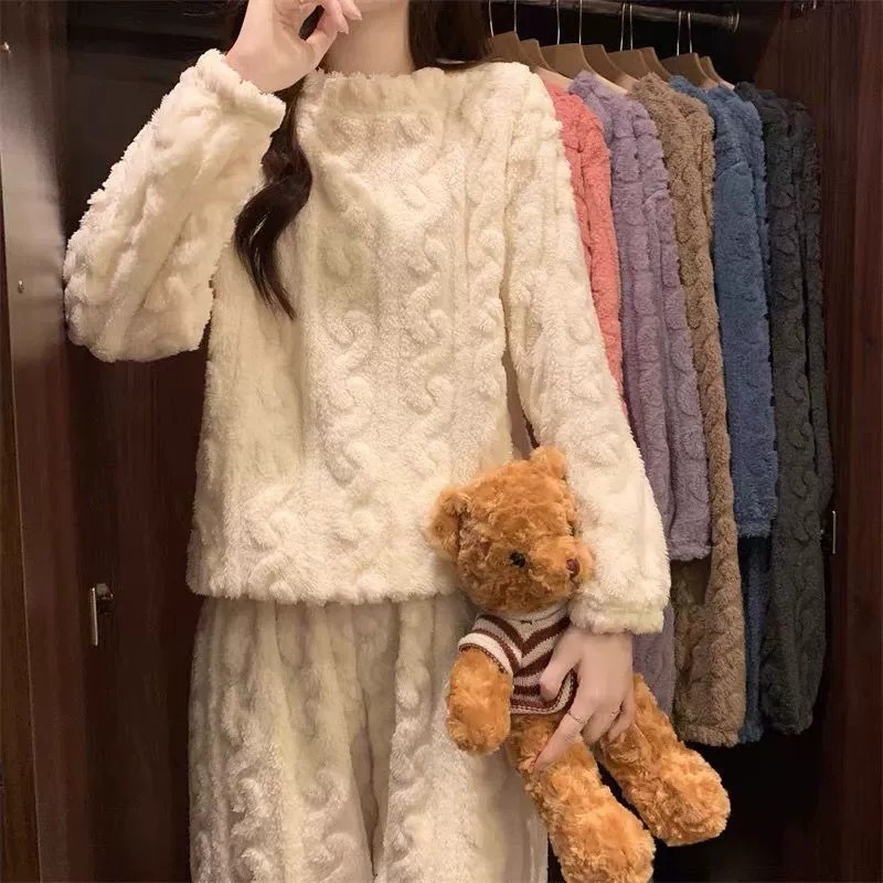 甜美家居服可外穿套装秋冬麻花纹珊瑚绒加厚保暖睡衣睡裤两件套女