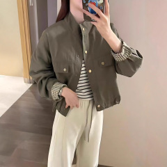 韩系格子拼接立领外套女2025秋季新款短款高级感宽松百搭夹克上衣