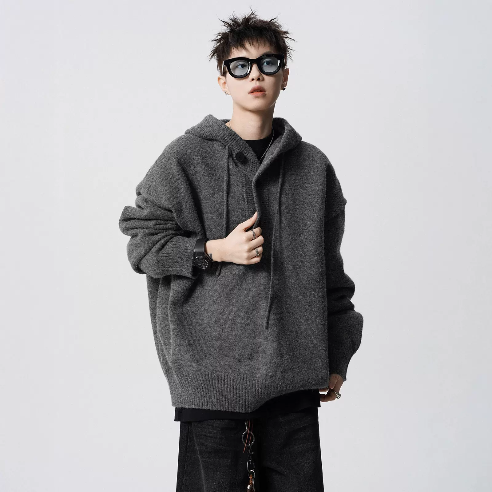 高街纯色连帽针织衫男款秋季美式cleanfit连帽卫衣高级感痞帅毛衣