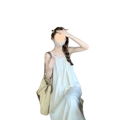Long dress casual characters, solid color hanging sleeveless small neck, slimming dress, summer design, simple and loose temperament