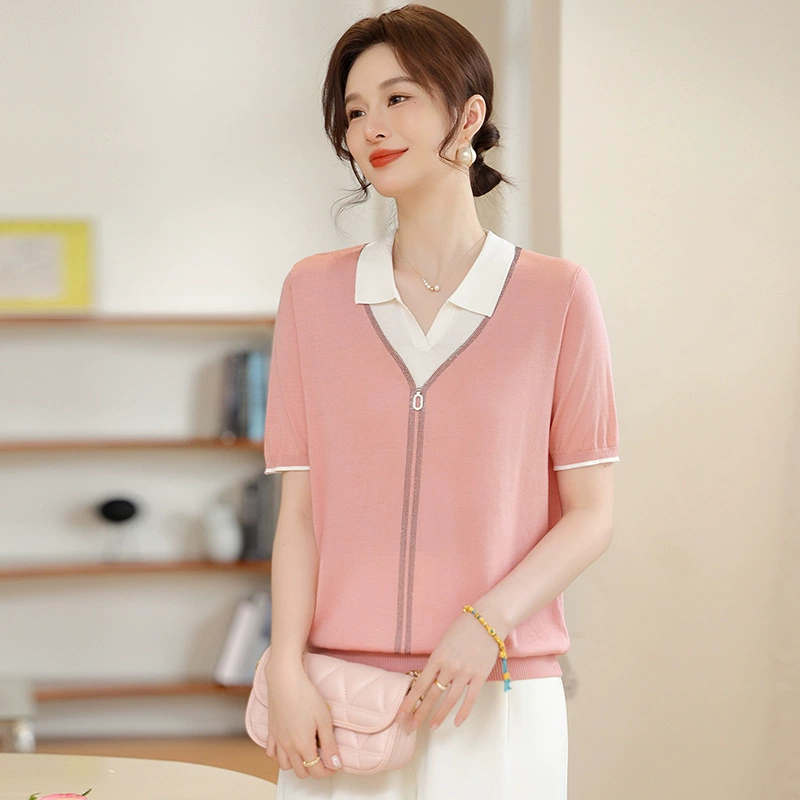 Новая футболка из ледяного шелка Mom's 2025 с короткими рукавами, летняя одежда для женщин среднего возраста, стильная рубашка с лацканами, топы для людей среднего и пожилого возраста.