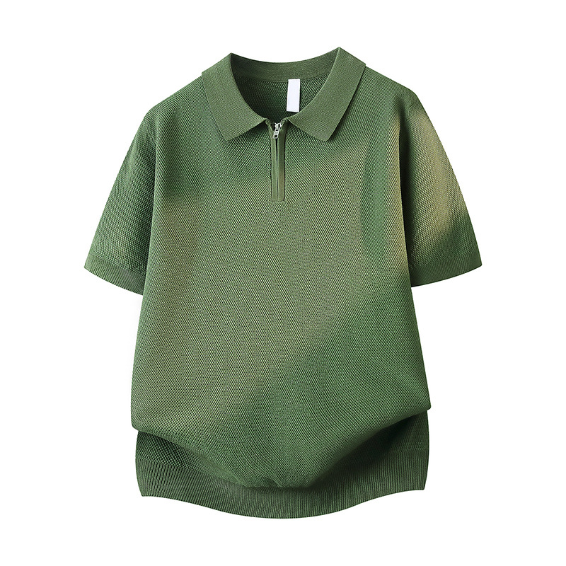 Polo camiseta camiseta de punto camiseta de manga corta camiseta de hombre solapa medio cremallera de color sólido viejo viento de hielo seda de verano fábrica transfronteriza al por mayor