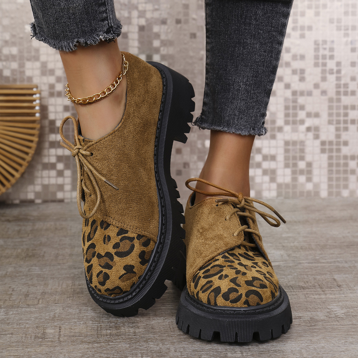 plus Size Women's Lace-Up Low Top Loafers Leopard Print Platform Chunky Heel Autumn Style Export Shoes_voghion.com