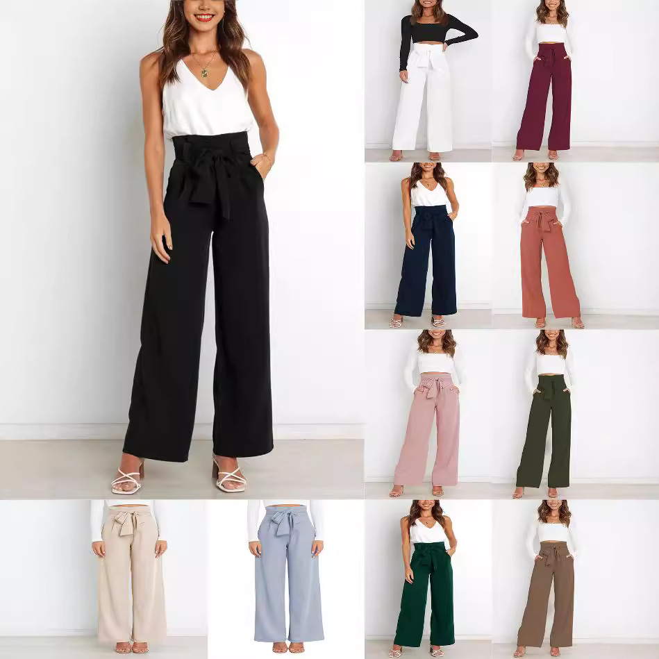 2023 primavera y verano europeo y americano nuevo lugar de trabajo moda casual para mujer Pantalones anchos de pierna con cordones pantalones de verano