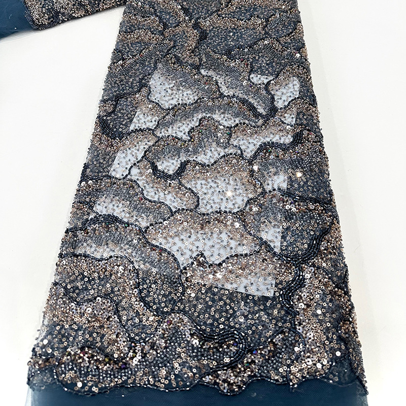 Tubo de cuentas bordado de alta gama cuentas bordado sequinado tela de red de encaje ondulado fondo DIY estilo Hepburn vestido de boda tela