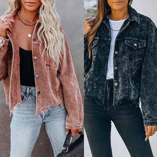 European and American Cross-Border Women's Retro Button Flap Pocket Pants Lapel Jacket Washed and Distressed Corduroy Jacket Amazon Hot Sale