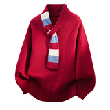 小众设计感毛衣男秋冬2026新款围巾v领针织衫潮牌痞帅红色上衣服，男装针织衫/毛衣，星座614