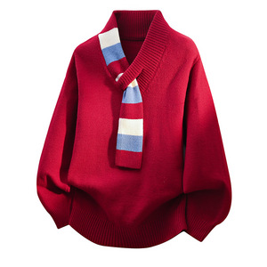 小众设计感毛衣男秋冬2026新款围巾v领针织衫潮牌痞帅红色上衣服，男装针织衫/毛衣，星座614