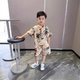 新款夏季男童中国风套装汉服儿童礼服中式短袖印花复古洋气