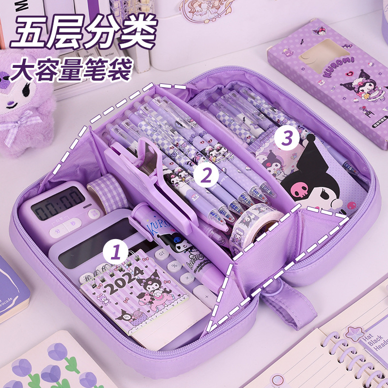 Bolso de lápices volcánico transfronterizo de 5 capas Bolso de lápices de estilo simple para estudiantes de escuela primaria Bolso de papelería resistente a las manchas de gran capacidad Estilo ins de alto valor