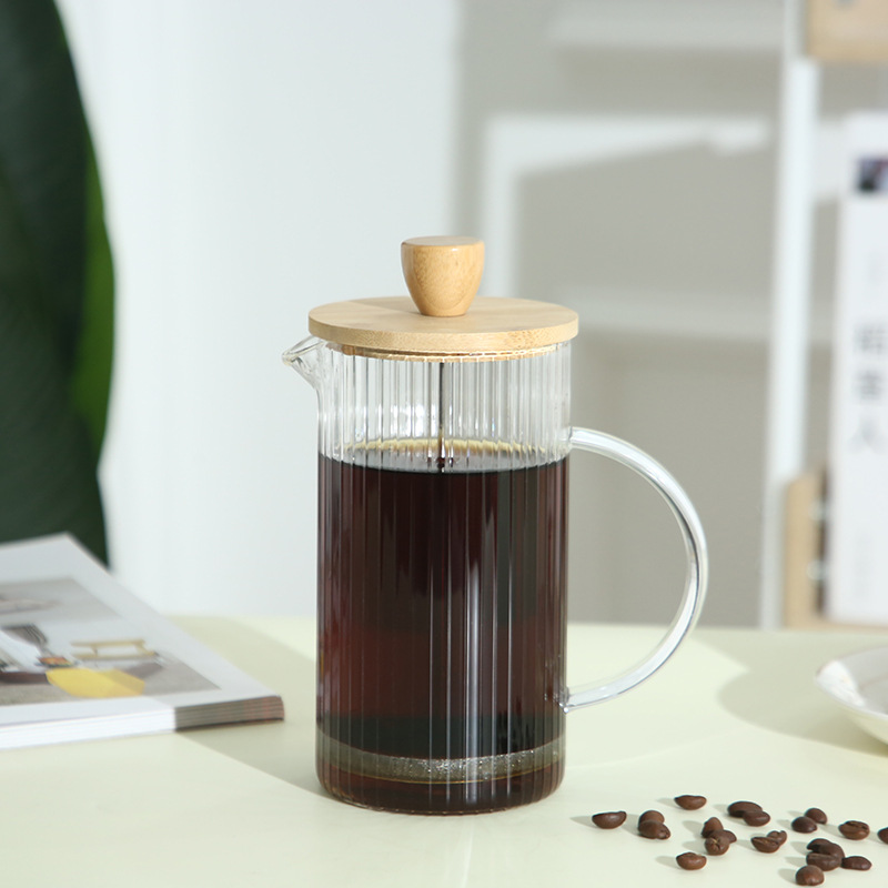 Cafetera de vidrio de patrón vertical de alto valor, olla de compresión de acero inoxidable, tapa de madera, tetera de alto borosilicato resistente al calor image 6