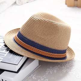 夏季小礼帽女士 韩版拼色潮人草帽 爵士帽 沙滩度假时尚帽子批发