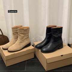 粗跟复古绒面黑色马丁靴女鞋2025切尔西套筒卡其色短靴春秋单靴子