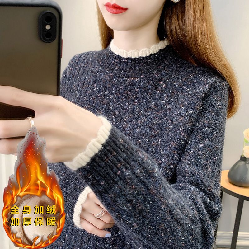 Fleece-Lined Thickened Half-High Collar Base Shirt for Women, Stylish Autumn and Winter 2025 New Loose Versatile Sweater Knit Top