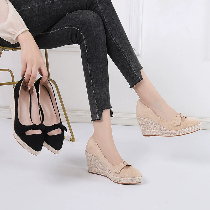 Весной и осенью новые однослойные туфли на остроконечной танкетке с толстой подошвой и мелким ртом Женские туфли на высоком каблуке на толстом каблуке с бантом, соломенное плетение, пеньковая веревка, нижняя часть, трансграничная