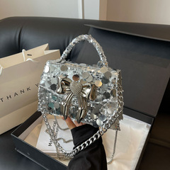 亮片手提包包女士2024新款潮流時尚蝴蝶結小方包百搭鏈條斜挎包