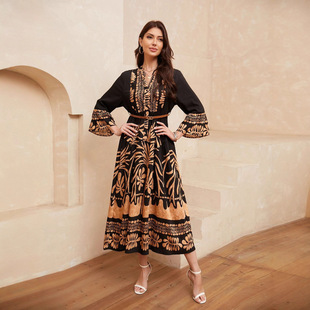 Hot-Selling Cross-Border Amazon Women's Long-Sleeved Elegant Printed Dress Comfortable Muslim Cotton and Linen Loose Fashion