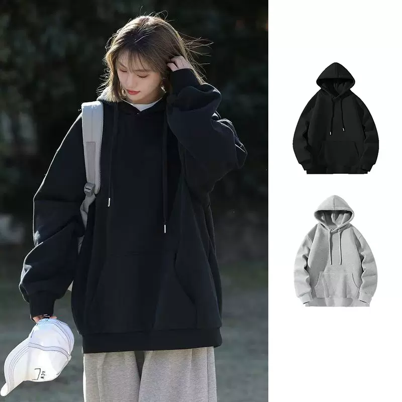 匠一跨境 加绒连帽卫衣女 2025早秋新款灰色慵懒风宽松显瘦外套潮