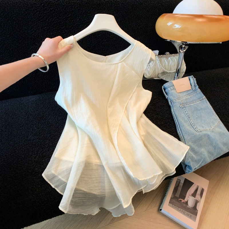 2026 Summer New Style French Korean Style Versatile Sleeveless Shirt for Women with Ruffles Sleeveless Vest Top