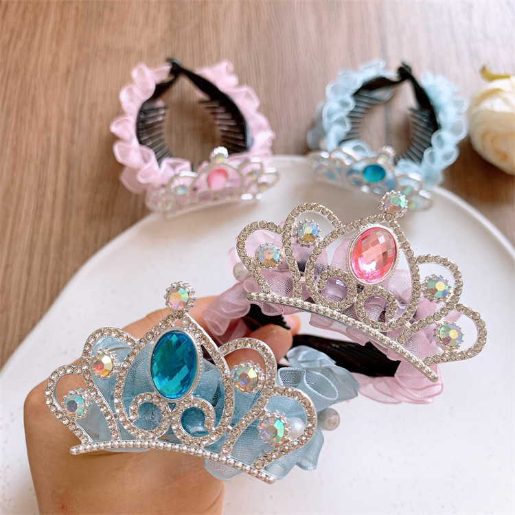 Child Crown Headpiece Hair Clips for Girls, Diamond Embellished Satin Hair Ties, Princess Ballerina Hairbands, Ponytail Hair Accessories