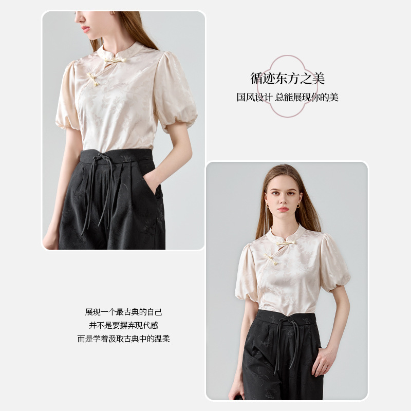 Nueva camisa de estilo chino para mujer 2024 verano nuevo estilo de alta gama burbuja de manga corta camisa de gasa de temperamento satinado