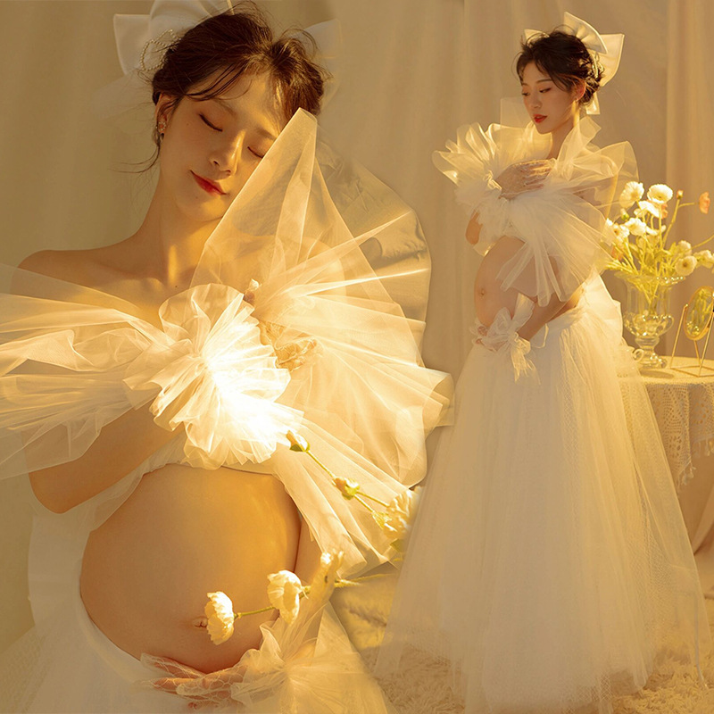 Maternity Photo Shoot Clothing Exhibition New Style Shooting Beautiful Princess White Gauze Studio Wedding Dress Maternity Photo Shoot Outfit