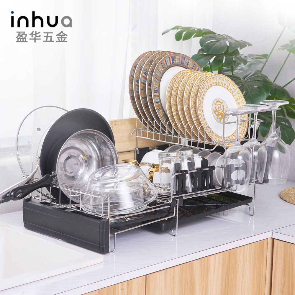 盈华加工定制厨房双层不锈钢水槽拉伸碗碟沥水架带可控式排水盘
