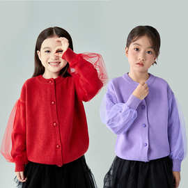 女童毛衣秋装加厚儿童针织开衫洋气中大童红色毛线衣外套网纱上衣