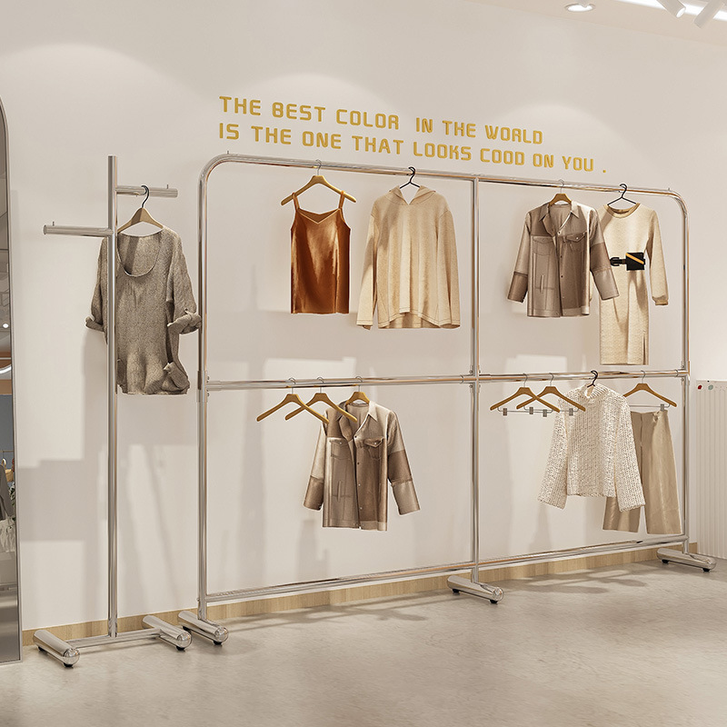 Stainless Steel Double-Layer Floor-Standing Clothes Rack Clothing Store Display Rack Can Be Lifted and Lowered to Adjust the Height Internet Celebrity Women's Clothing Store Shelves