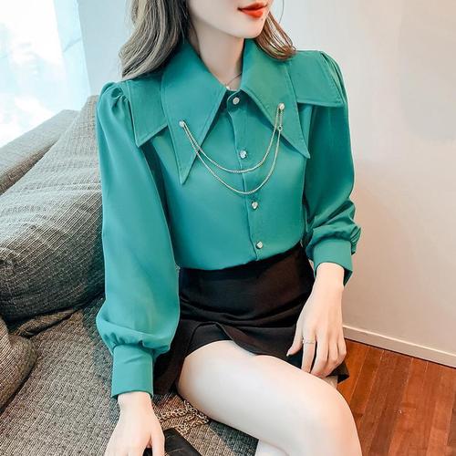 Light Mature Style Shirt for Women, Designer-Designed Niche 2024 Spring New Arrival, Loose-Fitting, Elegant Doll-Style Top with Pointed Collar and Puff Sleeves