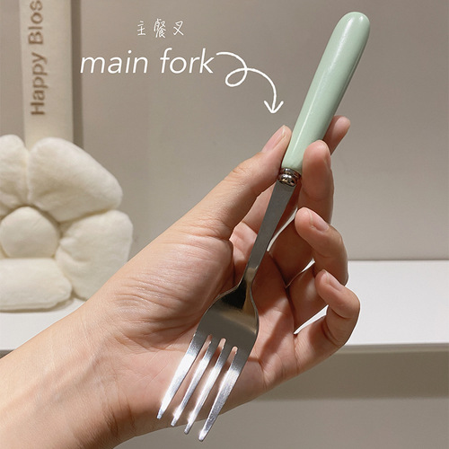Korean-style Ins-inspired Cream Yellow Ceramic Handle Stainless Steel Fork and Spoon Set, Knife, Fork, Spoon, Dessert Spoon, Western Dining Tableware