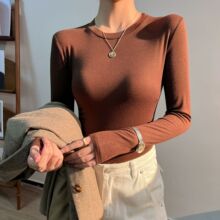 严选早秋螺纹小圆领长袖t恤女新款莫代尔修身显瘦内搭上衣打底衫