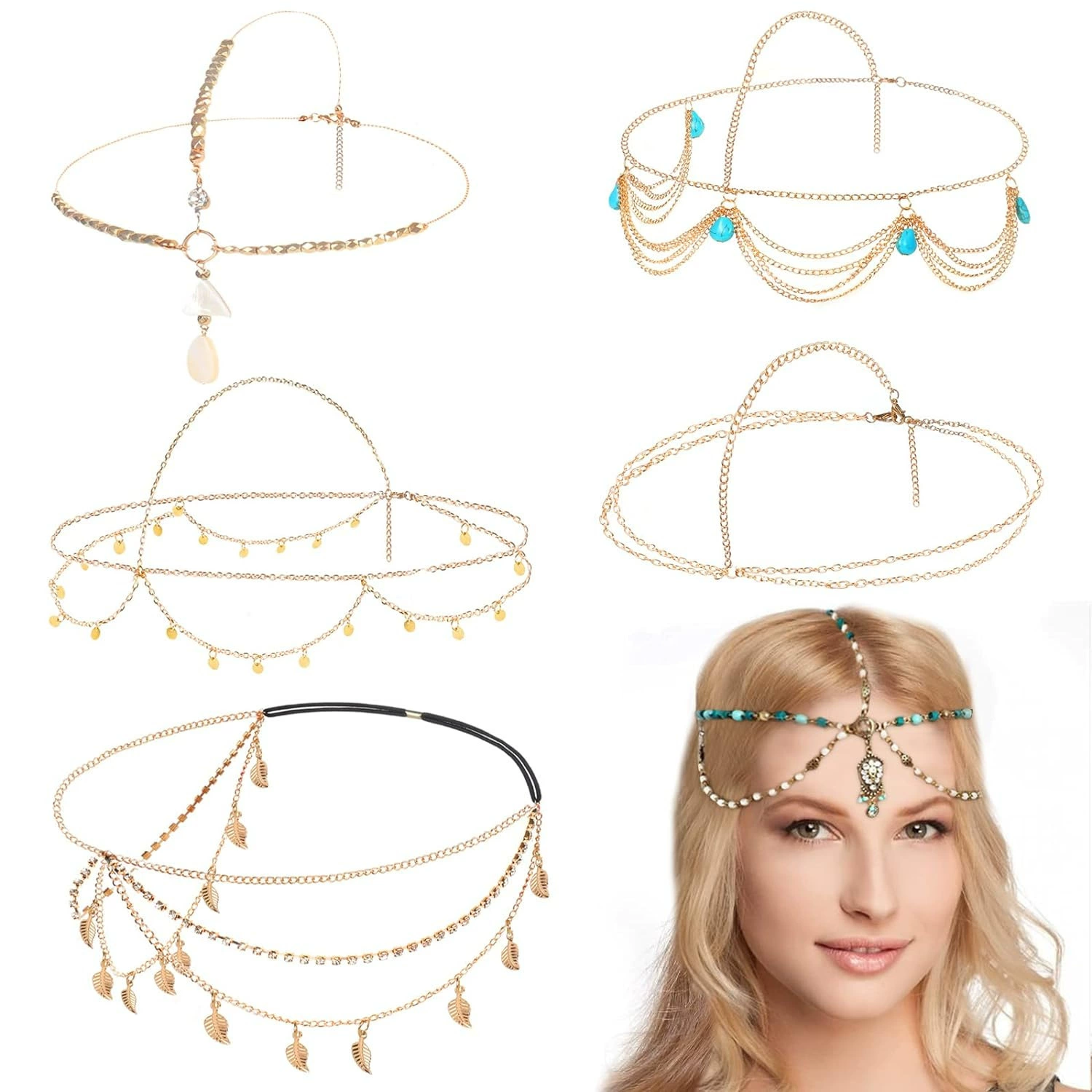 Европейские и американские экспортные горячие продажи, модные экзотические головные уборы с кисточками, богемная цепочка на голову ручной работы с синими бусинами.