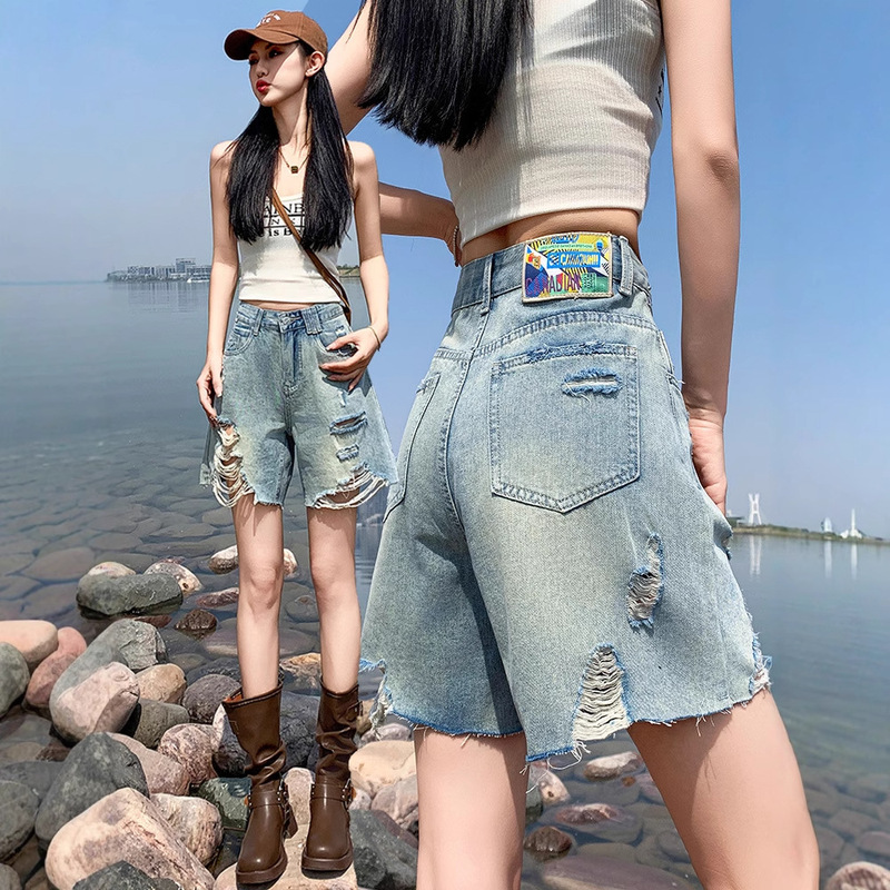 Ripped Five-Point Denim Shorts for Women, Summer Thin Loose American High Street Distressed Shorts, Five-Point Straight Casual Mid-Length Shorts Ripped Five-Point Denim Shorts for Women, Summer Thin Loose American High Street Distressed Shorts, Five-Point Straight Casual Mid-Length Shorts