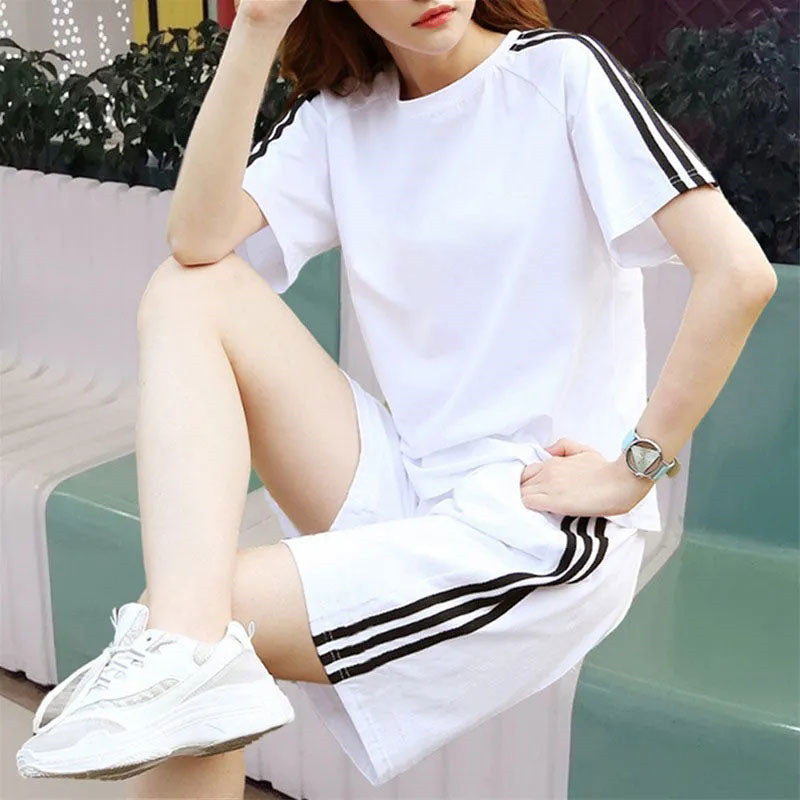 Cotton Casual Sportswear suit Women's Summer Short Sleeve Shorts Five-point Pants Trendy Loose Three-bar Running Clothes Wholesale