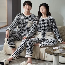 情侣睡衣冬季珊瑚绒加厚加绒保暖棋盘格圆领套头少女法兰绒家居服