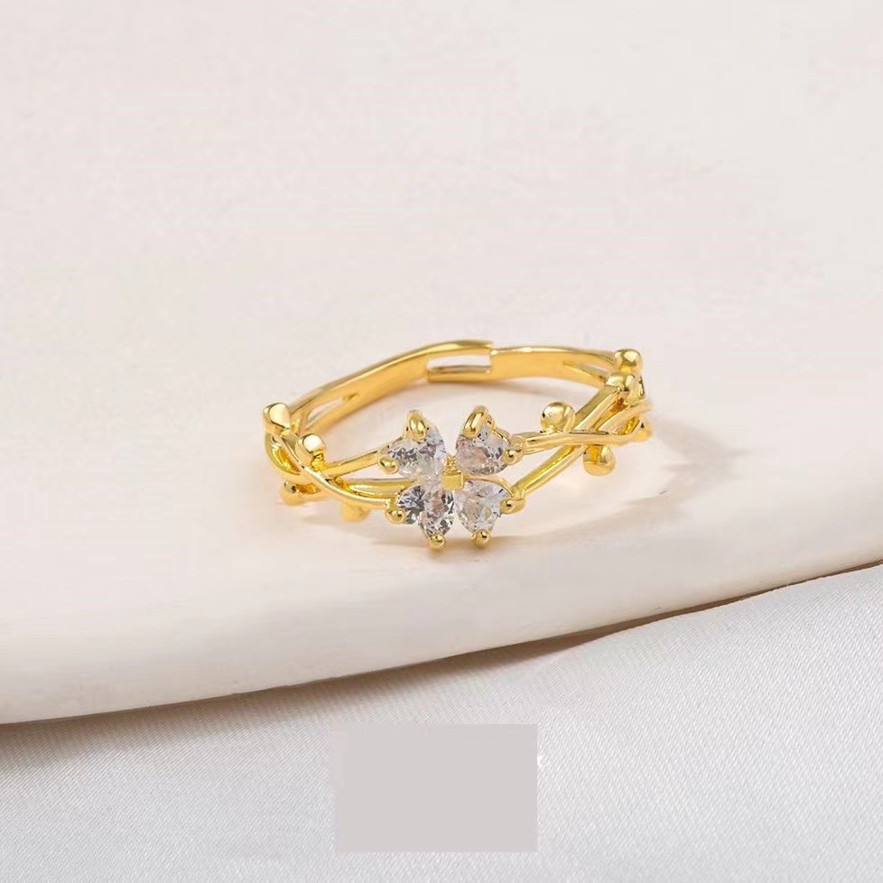 Zirconia Four-Leaf Clover Ring for Women Korean Big Brand Eye-Catching Trendy Personality Elegant Open Ring Versatile Fashion Jewelry