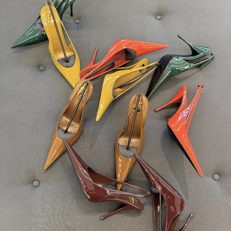 2025 New Black Pointed High Heels Shallow Mouth High-End Patent Leather Elegant Closed-Toe Women's Shoes with Open Back Sexy Sandals