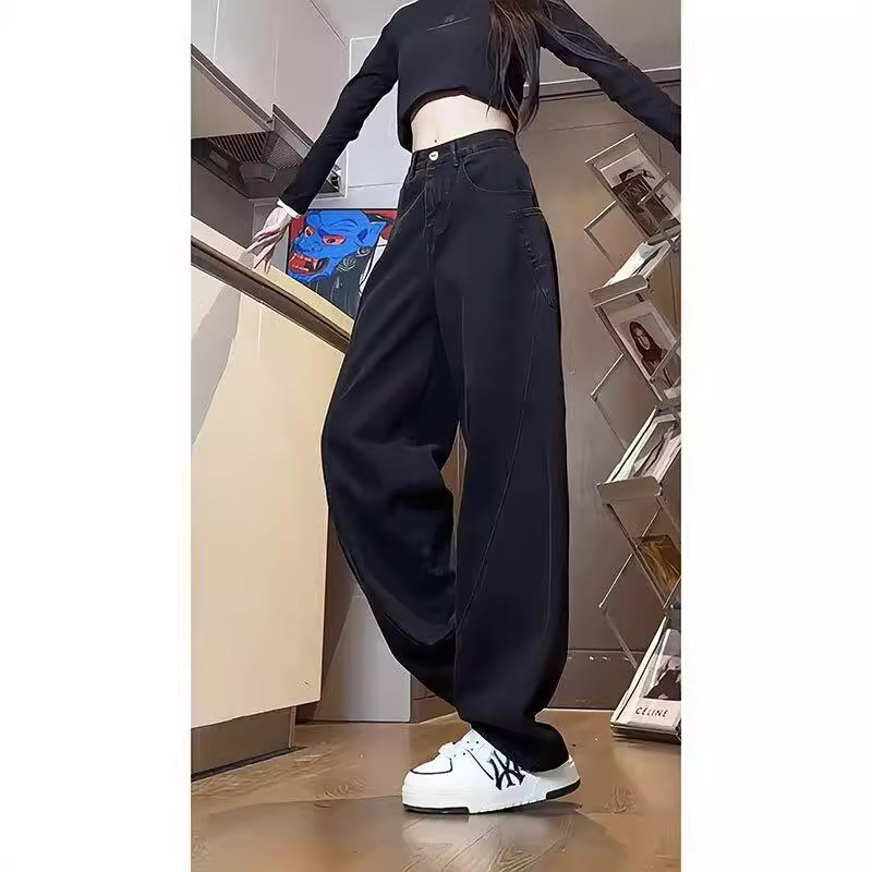 새로운 와이드 레그 청바지 남성과 여성의 봄과 가을 바지 약간의 바지 일본식 세탁 정사이즈 올 매치 자연 허리