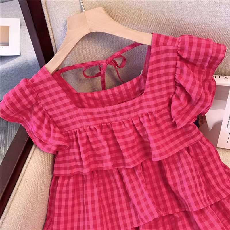 Dopamine Sweet Little Flying Sleeve Dragon Fruit Shirt Summer New Short Little Vest Lotus Leaf Top Square Collar Dopamine Sweet Little Flying Sleeve Dragon Fruit Shirt Summer New Short Little Vest Lotus Leaf Top Square Collar