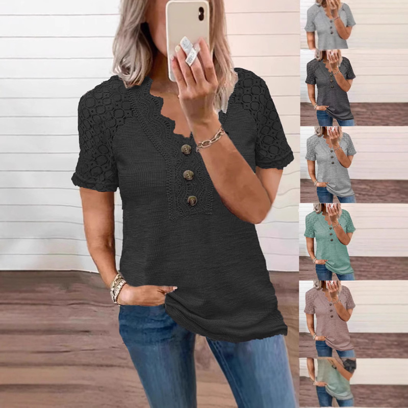 2025 Spring/Summer European and American Temu Tiktok Shein Cross-Border New Women's Clothing V-Neck Button Hollow Lace T-Shirt