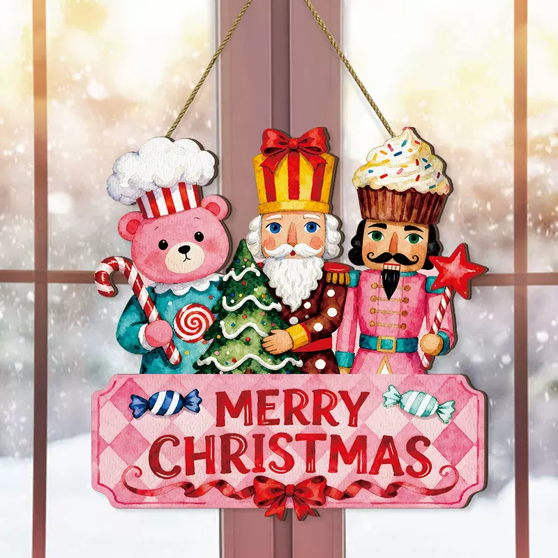 跨境圣诞节胡桃兵木质挂饰粉色胡桃夹子小熊墙面装饰家居木质挂牌