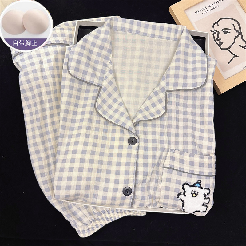 Venta al por mayor transfronteriza con almohadilla para el pecho Nube de algodón nuevo pijama de dibujos animados para mujer lindo pantalones cortos de manga corta rebeca solapa servicio a domicilio