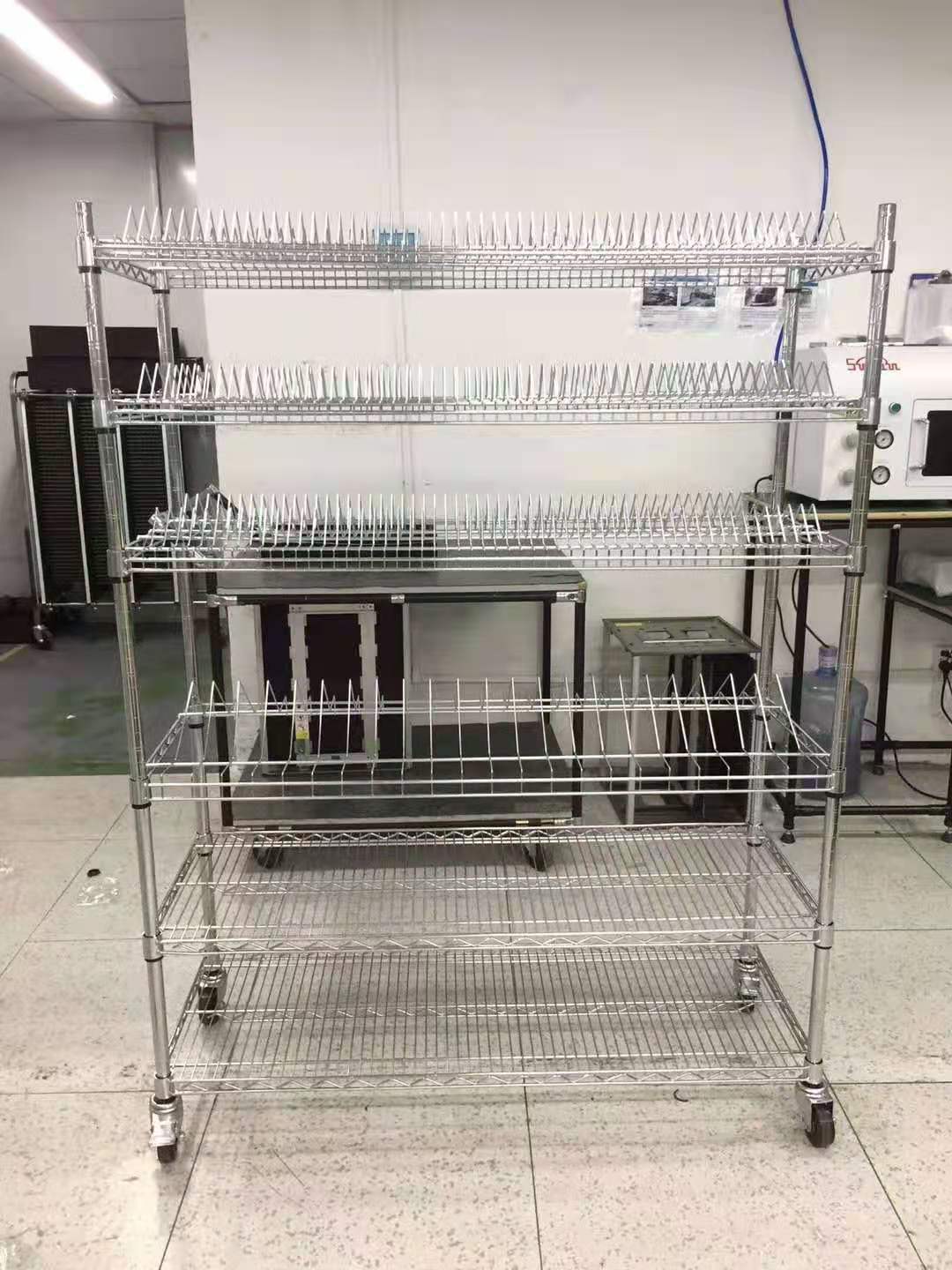 仓库不锈钢色货架家用带轮线斜网镀铬货架镀铬防静电物料架手推车