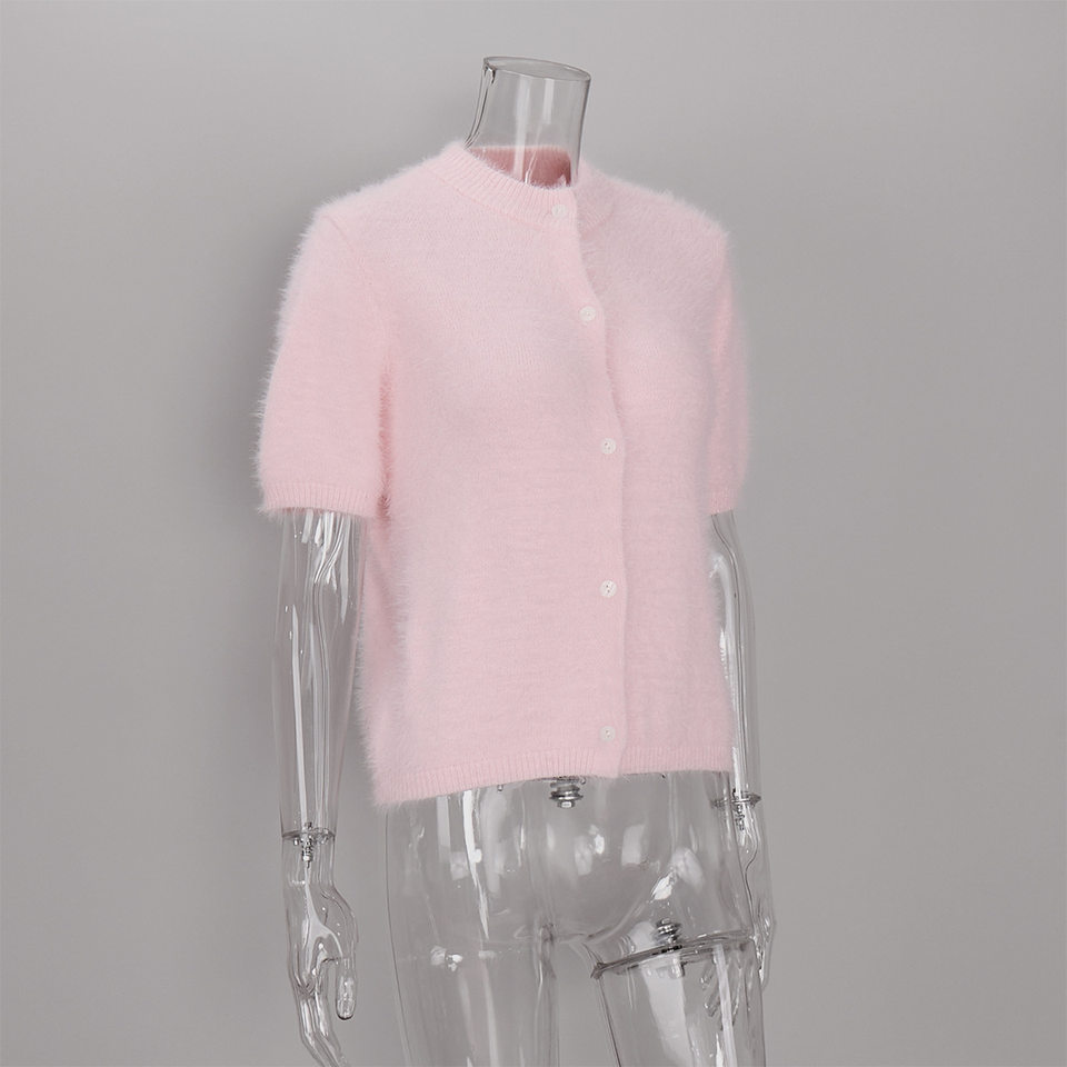 Áo cardigan dệt kim tay ngắn cổ bán cao ôm dáng phong cách retro — Màu hồng, Màu hồng cánh sen, Màu trắng, Màu tím chi tiết 60